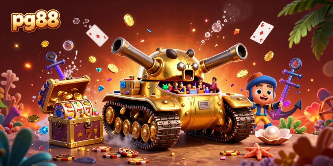 Engage with pg88's vibrant casino scene featuring colorful slot elements and treasure bursts.