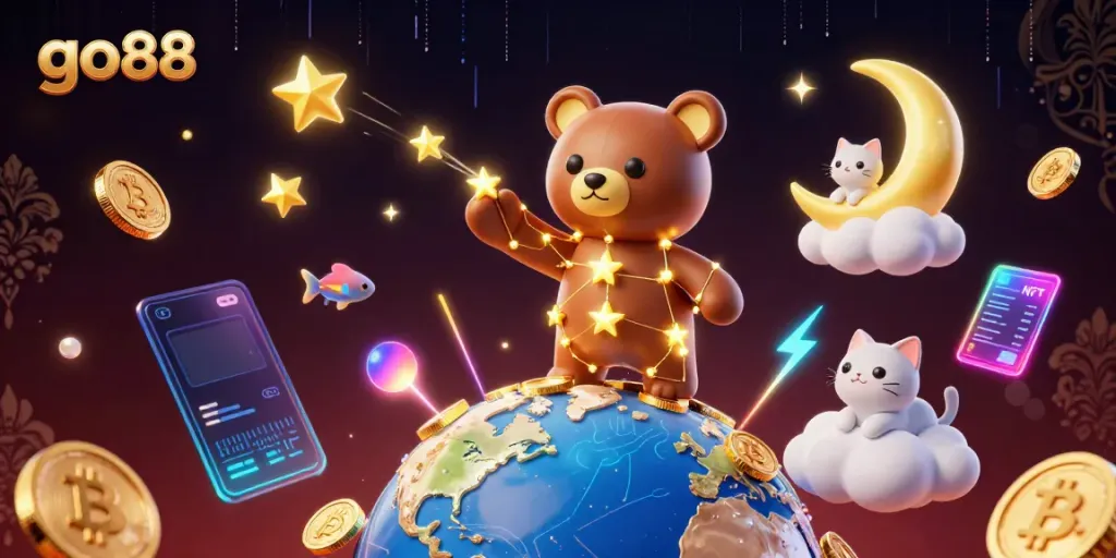 Experience the vibrant world of go88 with stellar characters scooping up coins surrounded by floating crypto elements.