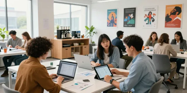 Professionele teamleden samenwerken aan domeinnaam kopen in een moderne kantoorruimte.