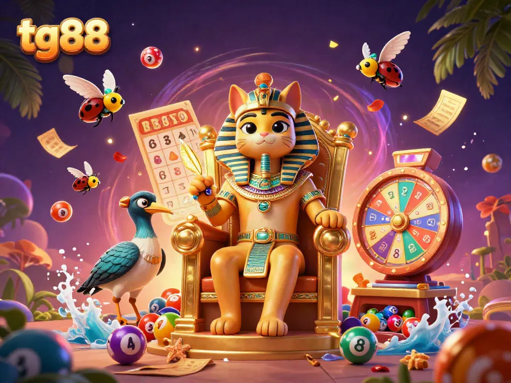 Engage in exciting lottery games at tg88 with vibrant elements and characters in a lively casino scene.