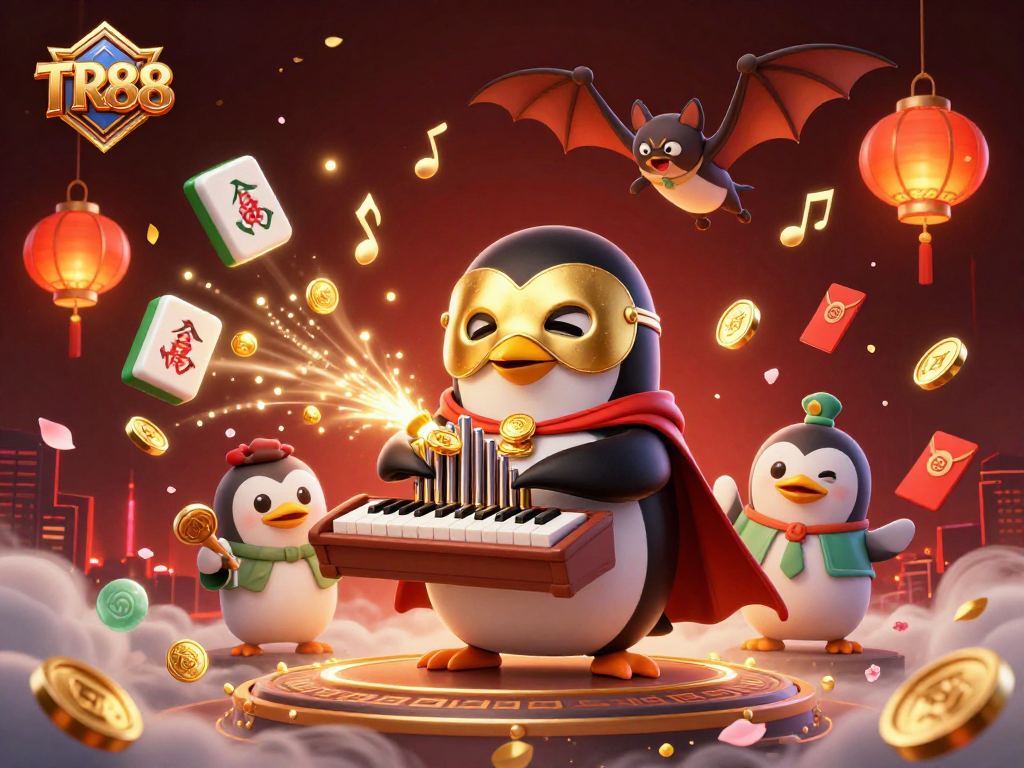 Experience the thrilling world of TR88 where a phantom opera penguin creates musical magic with golden coins in a vibrant casino setting.