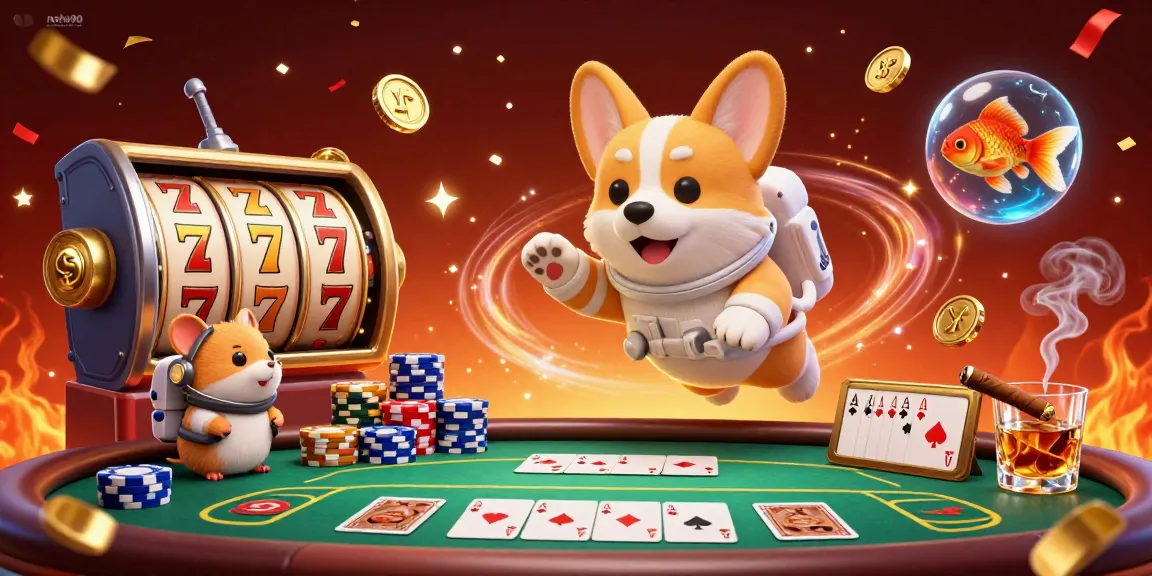 Engage with the fun slots scene featuring nohu90, a cartoon corgi in a casino bursting with energy.