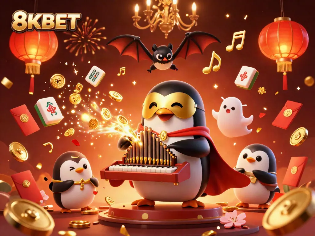 Experience thrilling gameplay with 8KBET as the cartoon phantom opera penguin entertains with coins and celebrations.