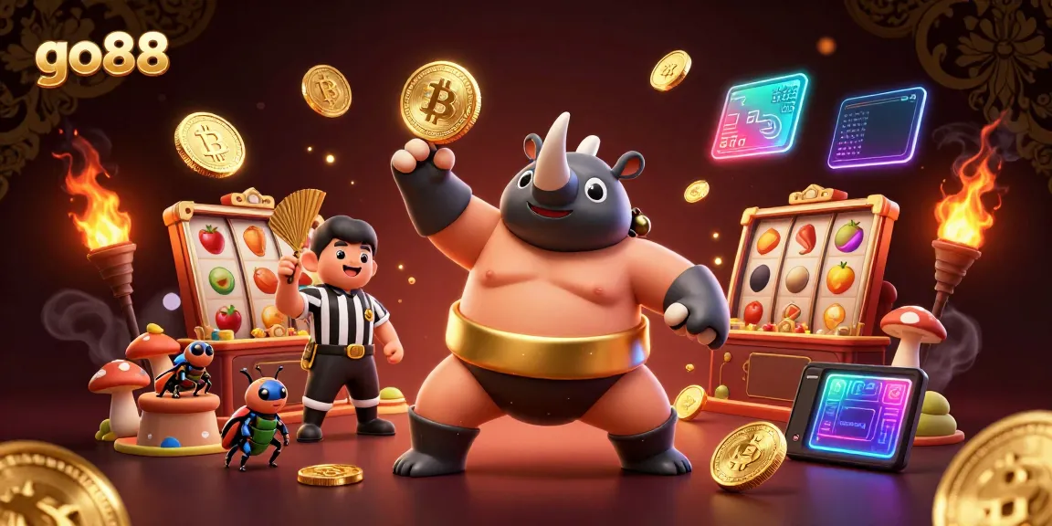 Experience go88's thrilling slots with a beetle champion and golden coins in this vibrant illustration.