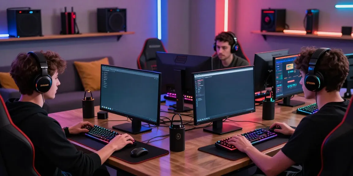 Engaged players exploring HITCLUB gaming app in a vibrant gaming lounge.