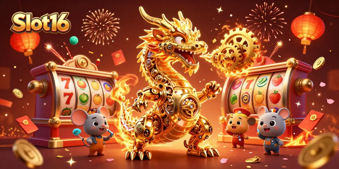 Experience Slot16 with a golden dragon breathing gears amidst vibrant casino elements.