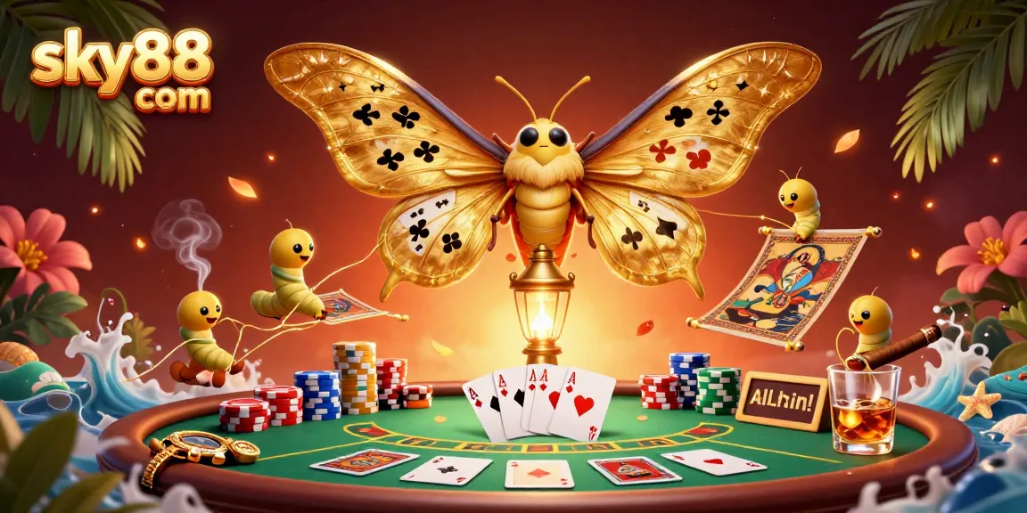 Engage in thrilling gameplay at sky88 com, featuring vibrant 3D casino elements and a majestic atlas moth.