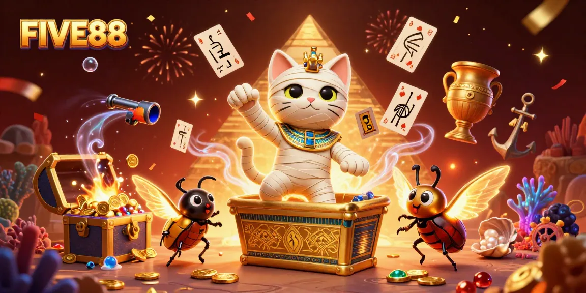 Engage with FIVE88’s vibrant animated scene featuring a mummy cat bursting from a sarcophagus at a pyramid casino.