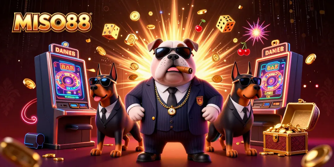 Experience thrilling wins at MISO88 with a lively casino illustration featuring slots, dice, and our mascot.