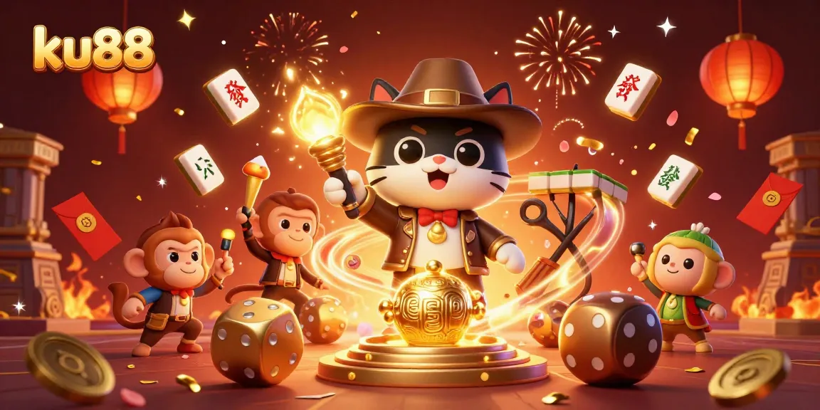 Experience the thrill of ku88 as the explorer cat and monkey find treasure in a vibrant casino scene.