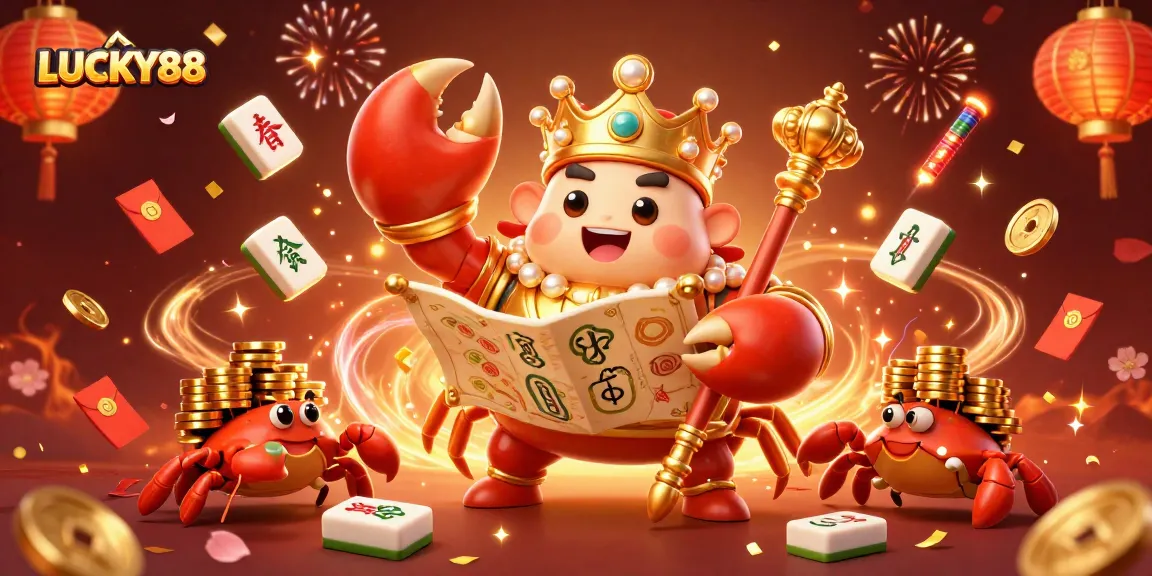Experience the thrilling world of LUCKY88 with a golden crab emperor and festive casino elements.