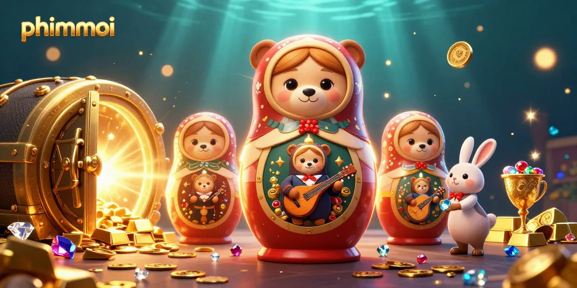 Engage in phimmoi with a colorful 3D illustration showcasing bears in casino attire amidst a treasure trove.