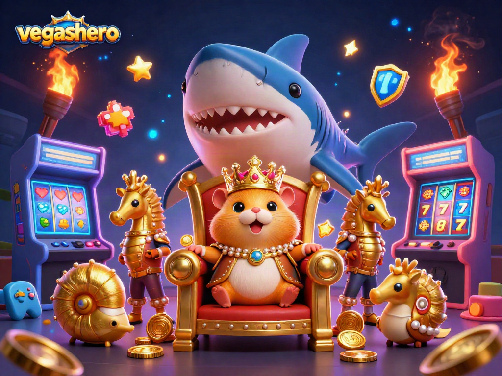 Experience the vibrant world of vegashero with a golden hamster king enthroned amidst dynamic casino games.