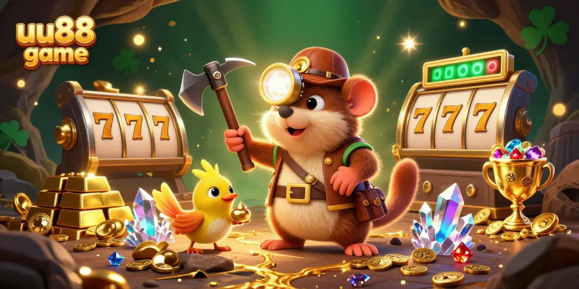 Engage with the uu88 game experience in this vibrant 3D illustration filled with treasure and excitement.
