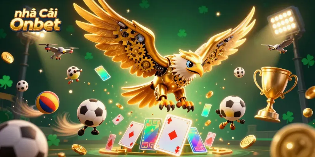 Engage with Nhà Cái Onbet featuring a golden eagle diving through vibrant casino elements.