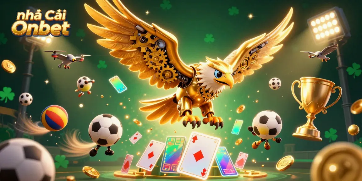 Engage with Nhà Cái Onbet featuring a golden eagle diving through vibrant casino elements.