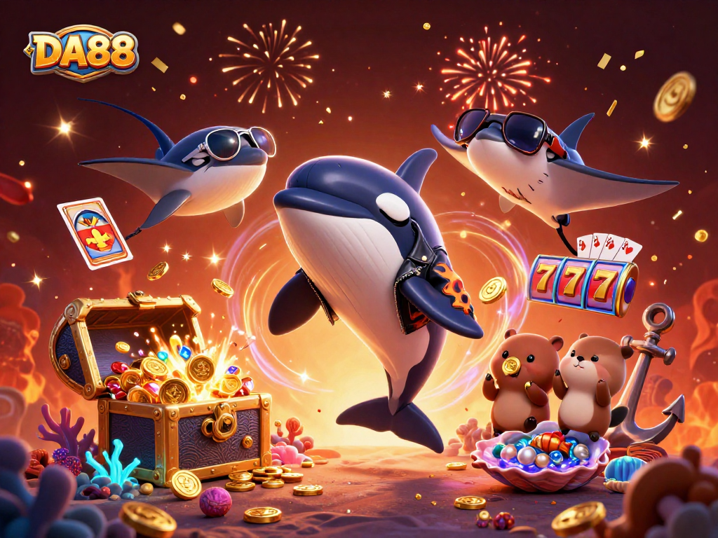 DA88 showcases an orca whale and otters celebrating wins in a vibrant casino underwater scene.