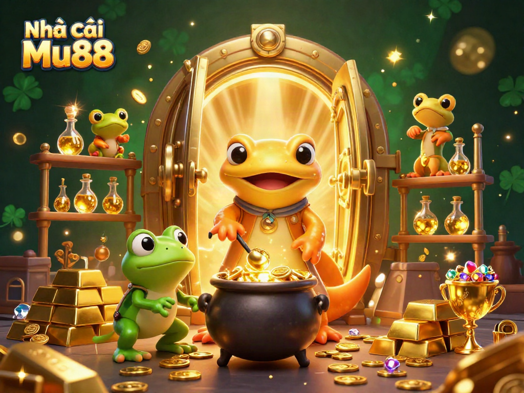 Engage with the thrilling atmosphere of Nhà cái Mu88 as the golden salamander alchemist conjures wealth in a magical casino scene.