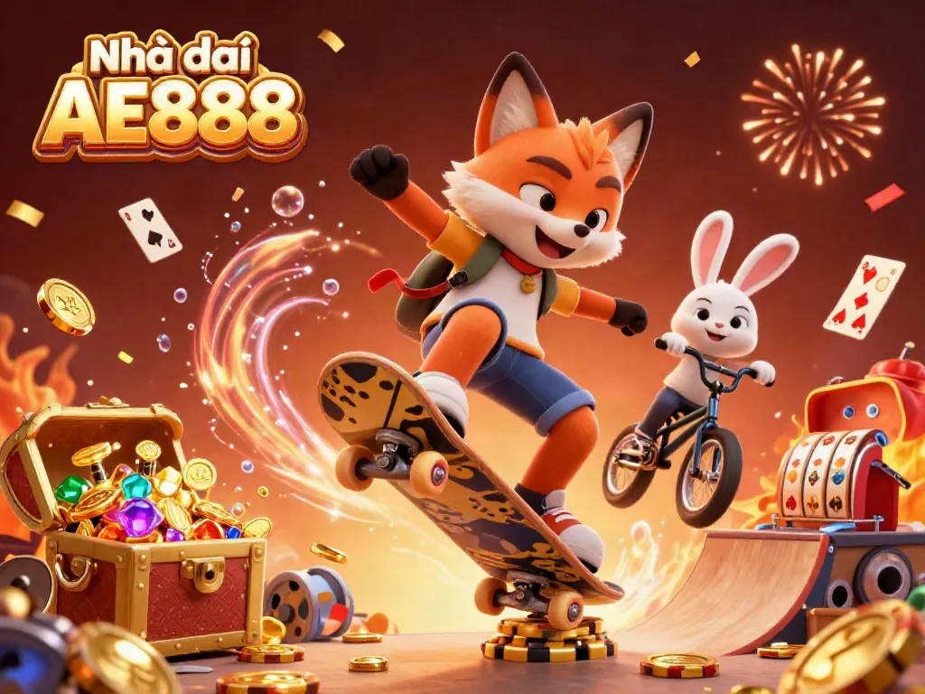 Experience the excitement of Nhà cái AE888 with a dynamic 3D illustration featuring a skateboarder fox and BMX rabbit surrounded by casino symbols.