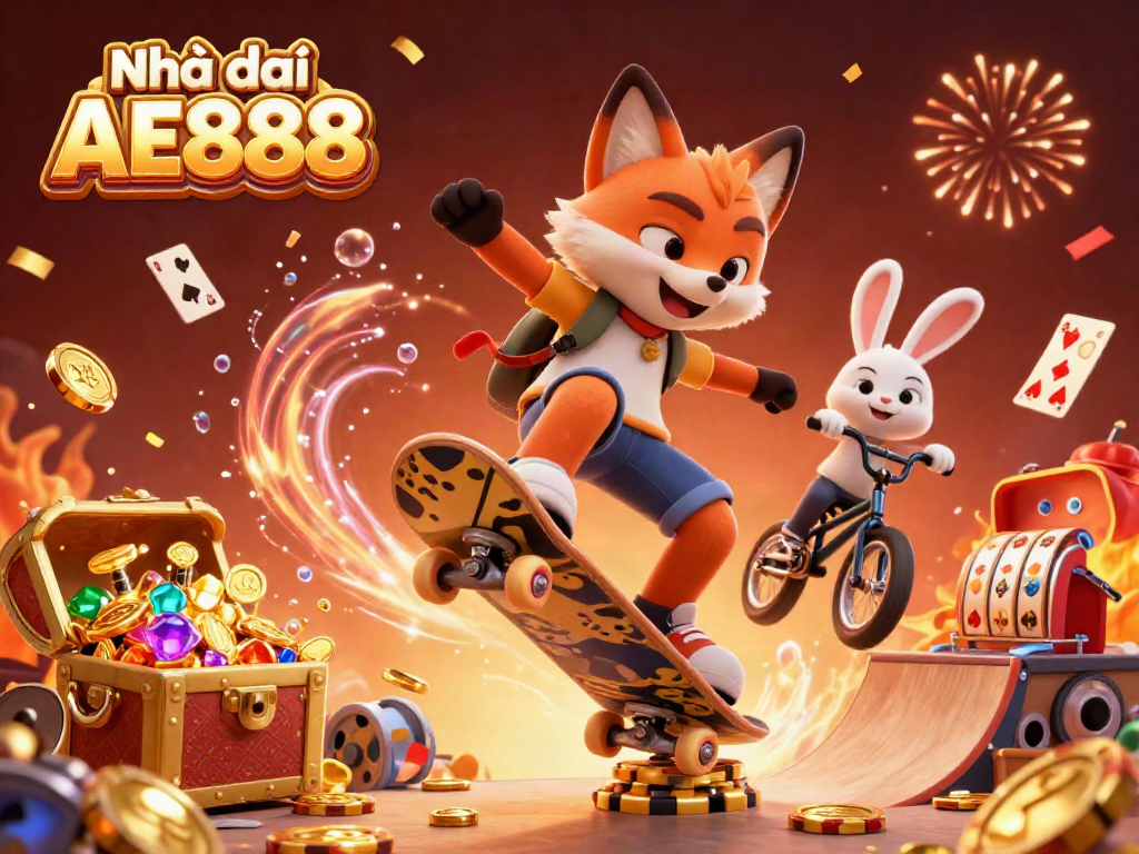 Experience the excitement of Nhà cái AE888 with a dynamic 3D illustration featuring a skateboarder fox and BMX rabbit surrounded by casino symbols.