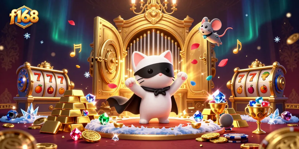 Experience thrilling f168 gaming action with a vibrant 3D casino scene filled with treasures.
