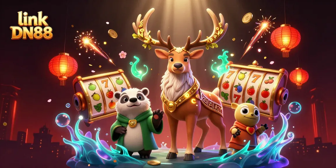 Engage with thrilling slot games at link DN88 while exploring vibrant casino elements including golden lanterns and glowing coins.
