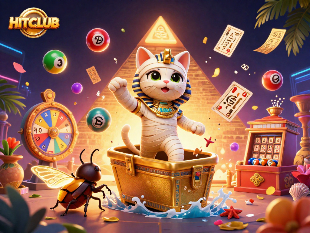 Experience HITCLUB’s thrilling energy as a mummy cat bursts out with golden excitement in a vibrant casino.
