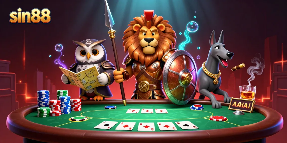 sin88 poker scene with 3D Spartan lion, owl strategist, and greyhound messenger