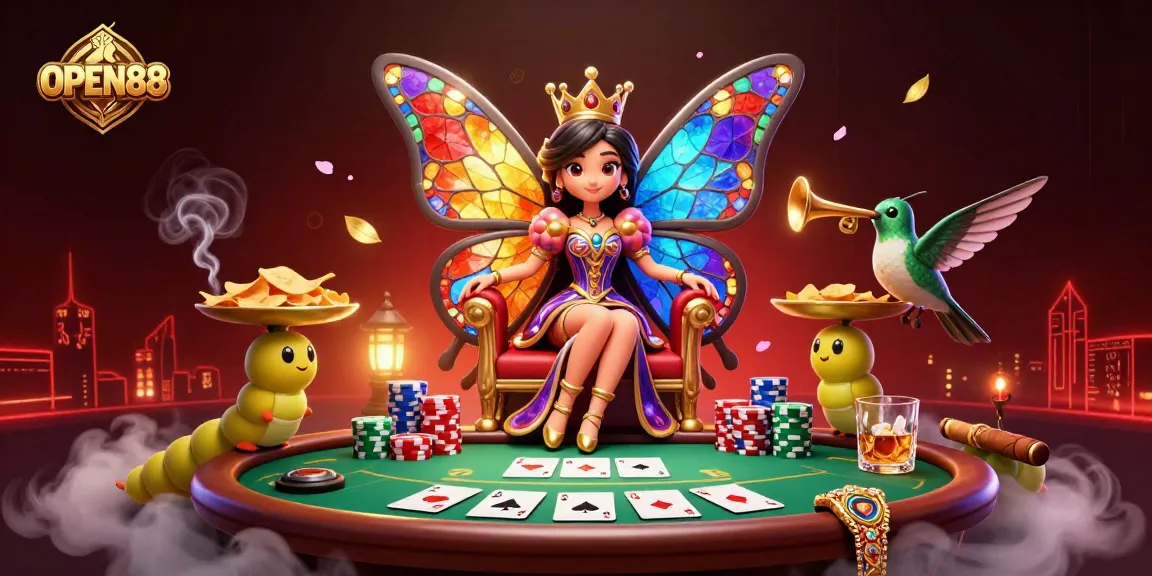 Engage in the vibrant world of OPEN88 with our enchanting butterfly queen and dynamic poker scene.