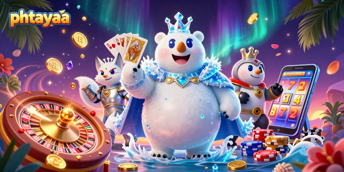 Phtayaa showcases an engaging 3D illustration of a polar bear and snow fox amid vibrant casino elements.