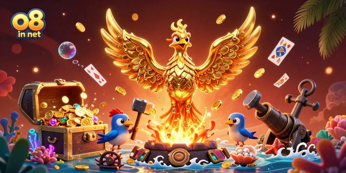 Experience thrilling games with o8 in net's dynamic golden phoenix illustration amidst treasure and casino elements.