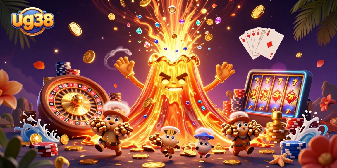 Experience thrilling wins with ug38 in this vibrant casino adventure illustration featuring animated treasures and gaming elements.
