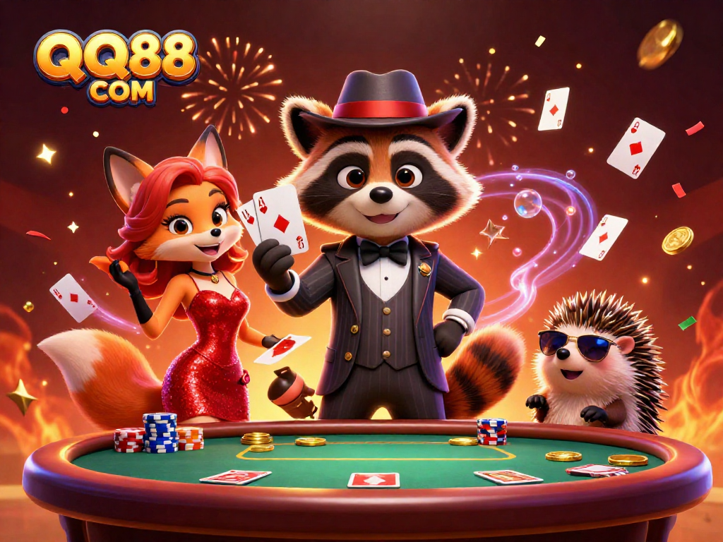 Play your hand at QQ88 COM with our charming raccoon, friendly fox, and bouncer in a festive casino scene.