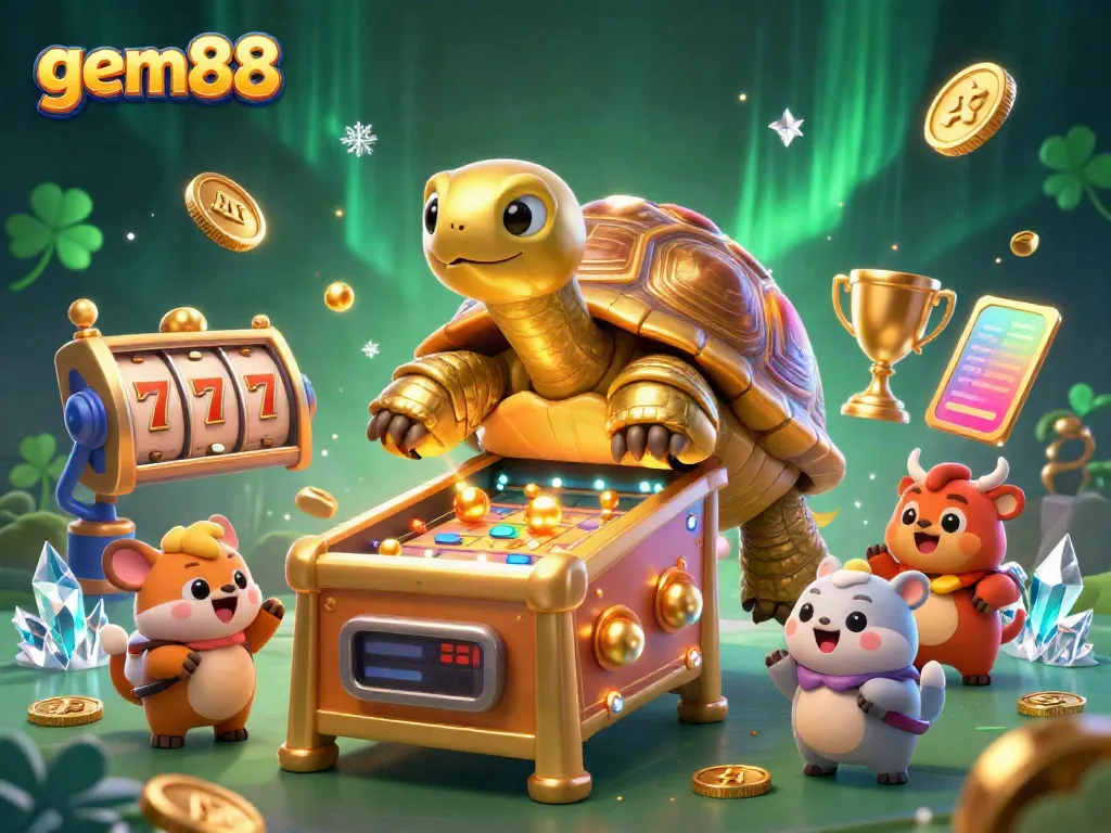 Experience thrilling slot action with gem88's giant golden tortoise and vibrant game elements.