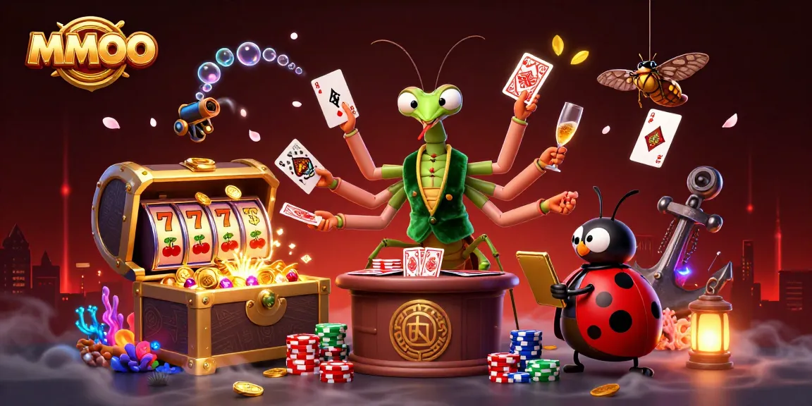 Engaging MMOO casino scene depicting a giant mantis card sharp dealing cards with vibrant gaming elements.