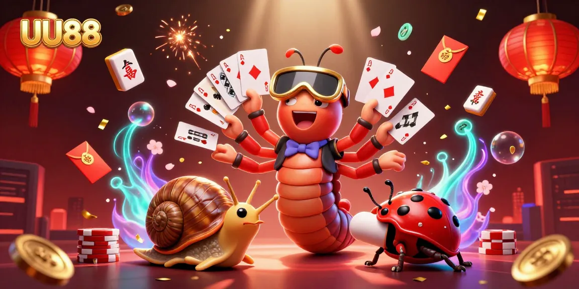 UU88 offers an exciting gaming atmosphere with a vibrant dealer illustration showcasing cards, chips, and festive decor.