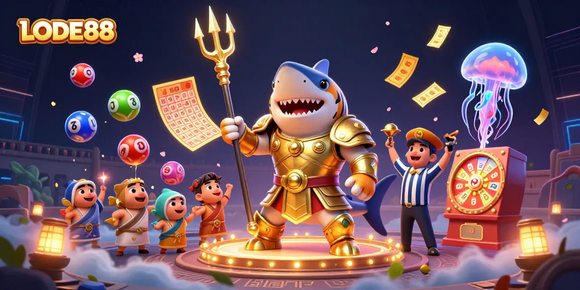 Watch LODE88's vibrant scene with a tiger shark and colorful lottery elements in action.
