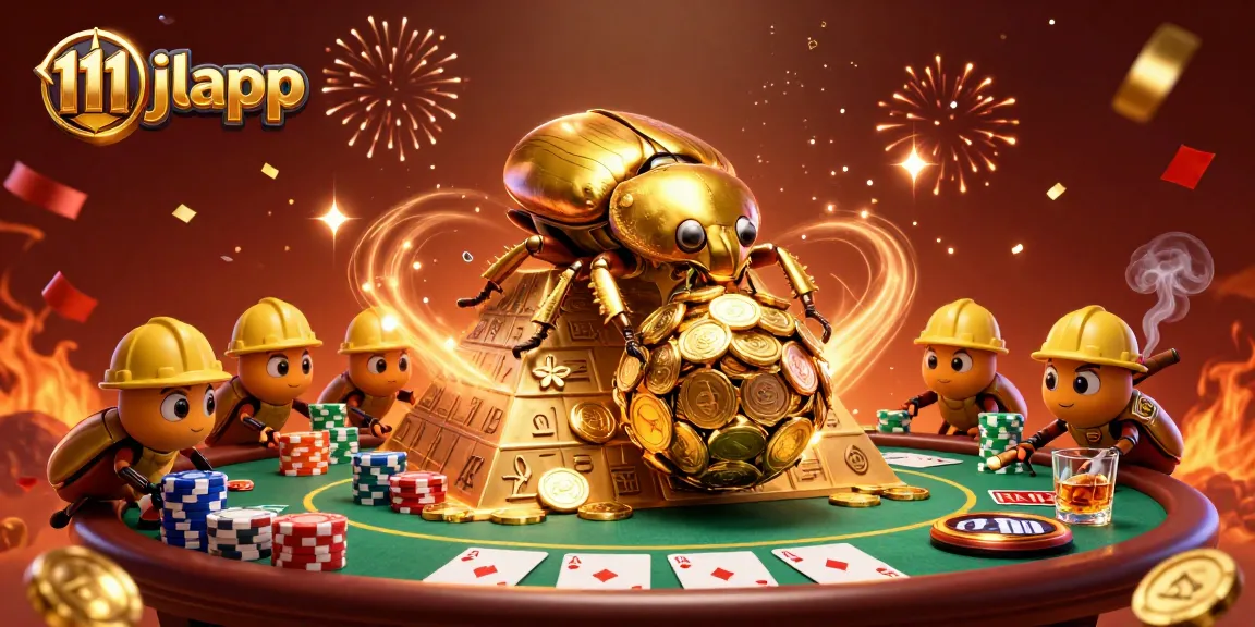 Experience thrilling gameplay with 111jlapp inside a vibrant casino-themed scene with beetles and poker elements.