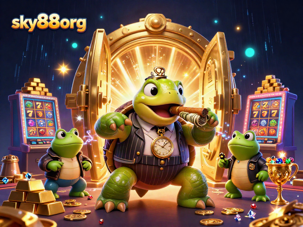 Experience sky88org's thrilling casino adventures with a lively 3D illustration of a turtle mobster.