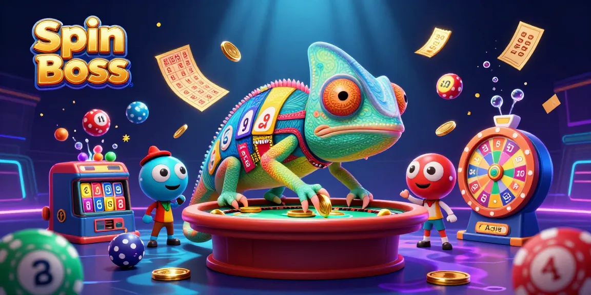 Spin Boss chameleon casino owner collecting coins in a vibrant casino setting.