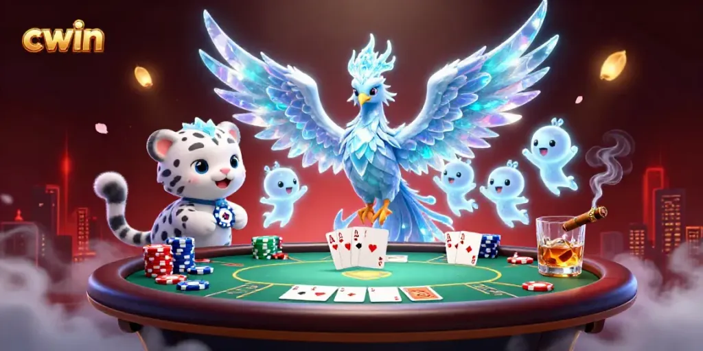 cwin showcases a vibrant casino scene with an ice phoenix, poker elements, and dancing sprites.