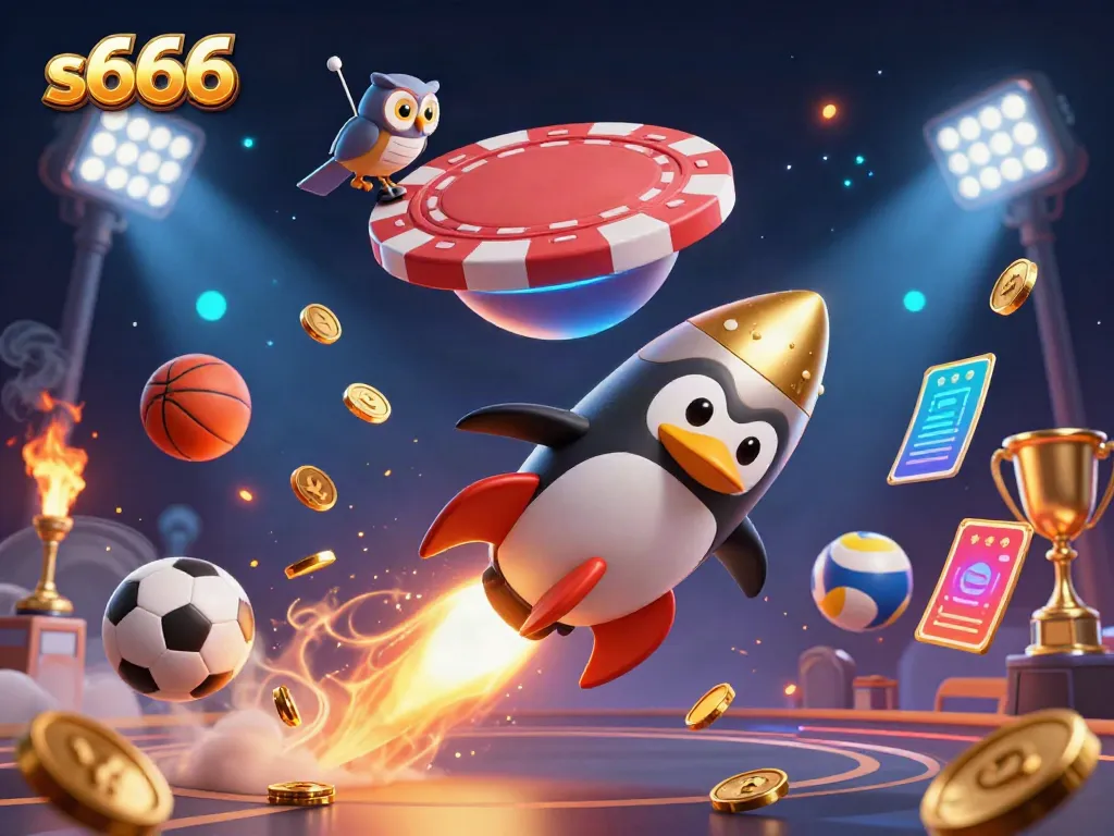 Experience thrilling gaming with s666 featuring a golden penguin and casino elements in this vibrant 3D illustration.