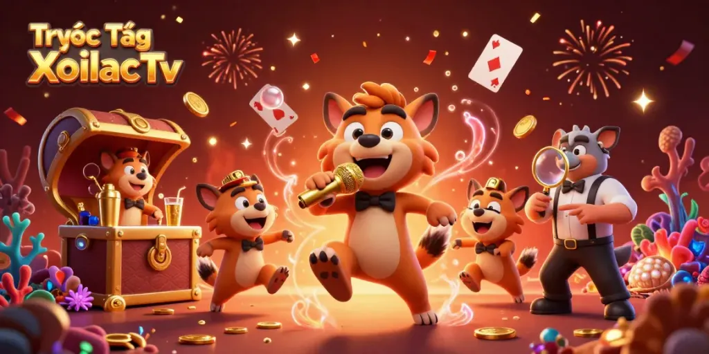 Experience thrilling action with Trực Tiếp XoilacTv in a lively 3D casino scene featuring animated hyenas.