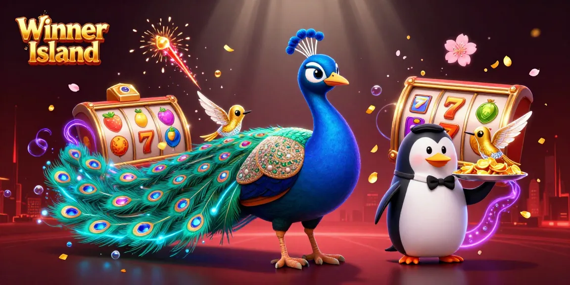 Win at Winner Island with this vibrant 3D casino scene featuring colorful slot reels and golden characters.