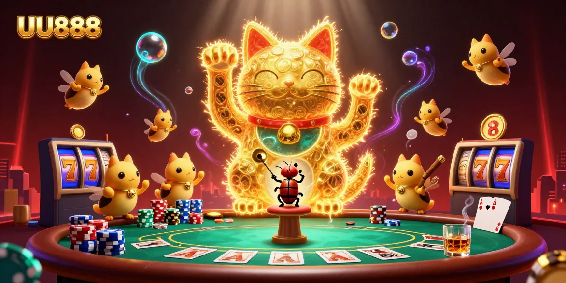 Engage with UU888's vibrant casino experience featuring a lucky cat and golden fireflies at play.