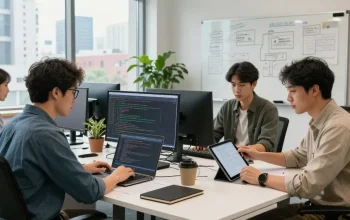 Download WPS Office in a modern collaborative tech workspace with engineers coding and discussing.