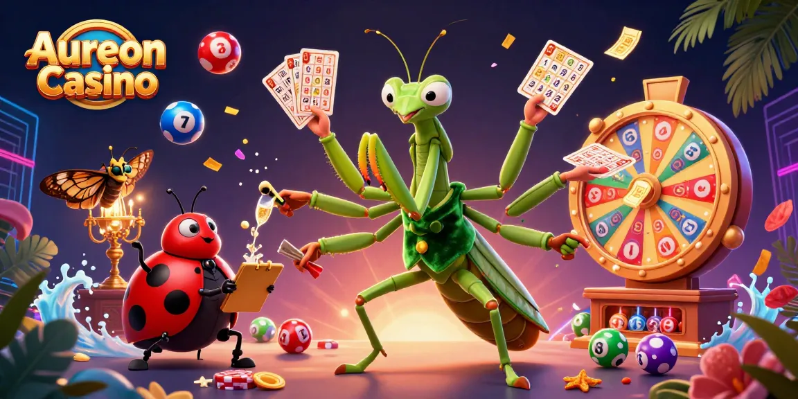 Aureon Casino offers an exciting scene with a giant mantis card sharp and vibrant gaming elements in action.