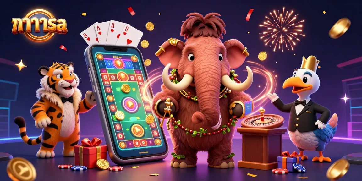 Engage with baccarat strategies at บาคาร่าsa, featuring a whimsical 3D scene of casino characters and gaming elements.