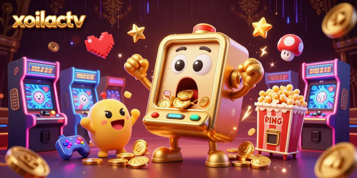Experience the thrilling live action of xoilactv as golden coins pour from a popular slot machine in a vibrant casino setting.