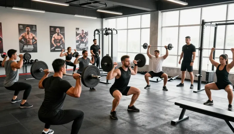 Prime Pharma Steroiden Winkel: Diverse bodybuilders trainen in een moderne sportschool met gewichten en apparatuur voor spieropbouw.
